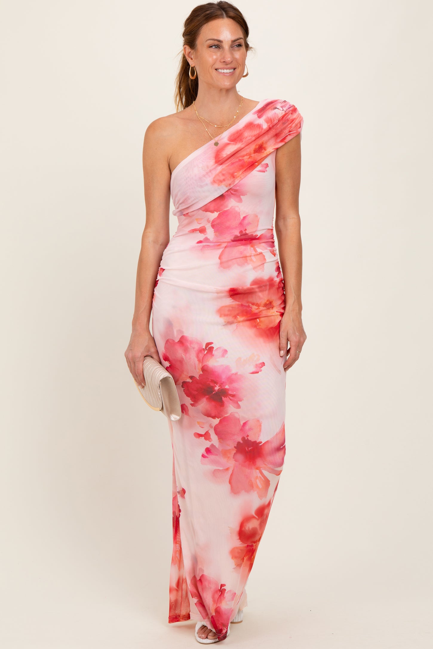 pink floral one shoulder dress Kleo One Shoulder Maxi Dress - Pink Floral