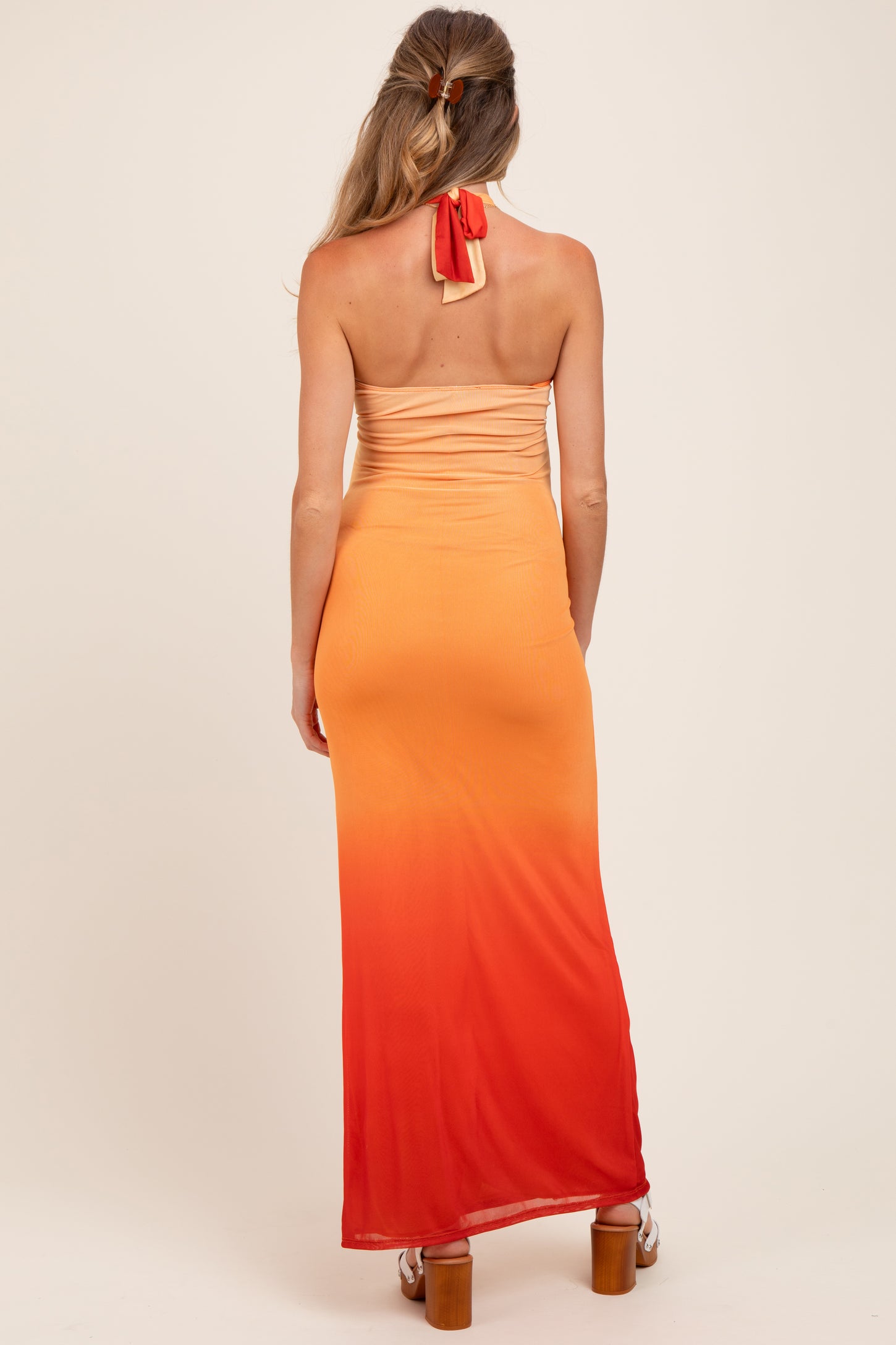 Peach Ombre Halter Neck Cutout Maternity Maxi Dress