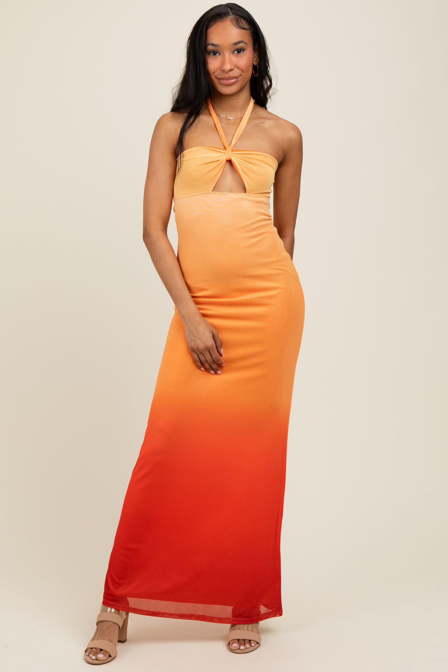 Peach Ombre Halter Neck Cutout Maxi Dress