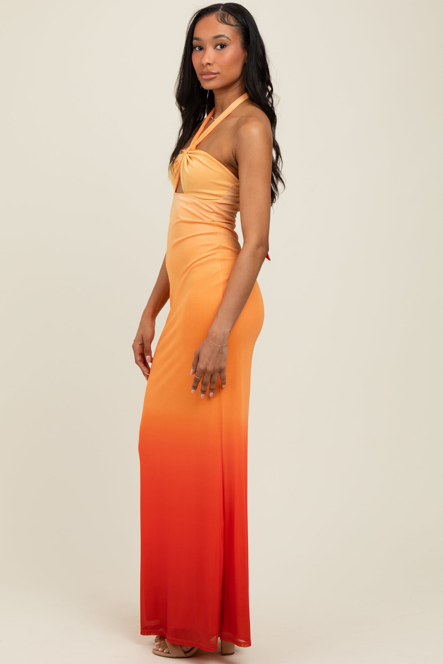 Peach Ombre Halter Neck Cutout Maxi Dress