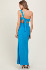 Blue One Shoulder Pendant Cutout Maxi Dress