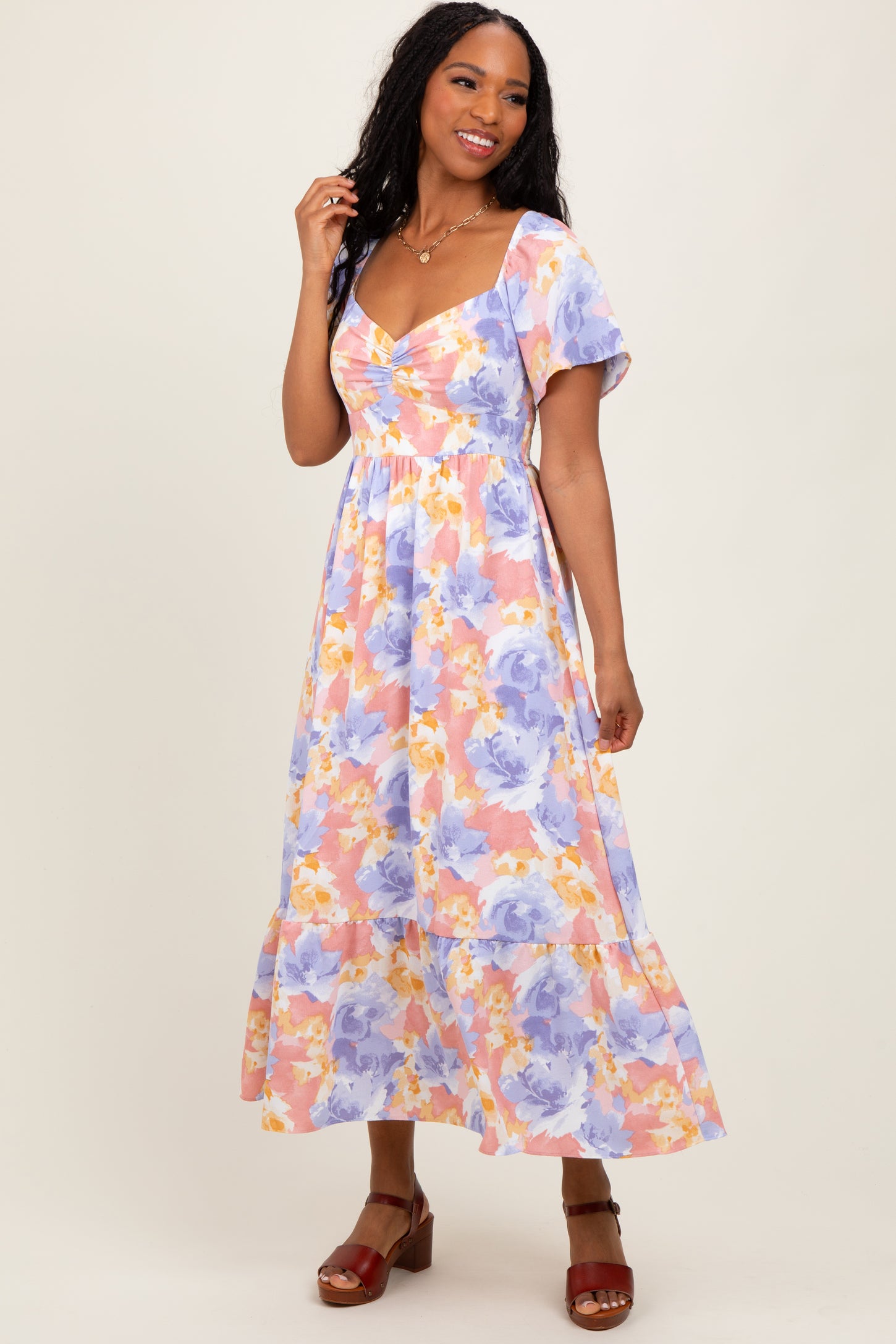 Coral/Purple Floral Flare Sleeve Tiered Maternity Maxi Dress PinkBlush Coral/Purple Floral Flare Sleeve Tiered Maternity Maxi Dress PinkBlush