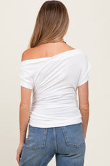Ivory Asymmetrical Neck Line Ruched Knit Maternity Top