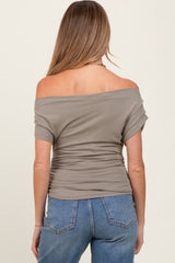 Olive Asymmetrical Neck Line Ruched Knit Maternity Top