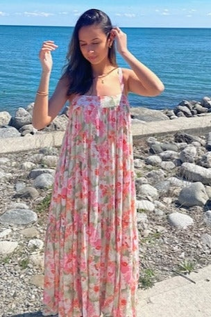 Olive/Fuchsia Tropical Floral Tiered Maxi Dress