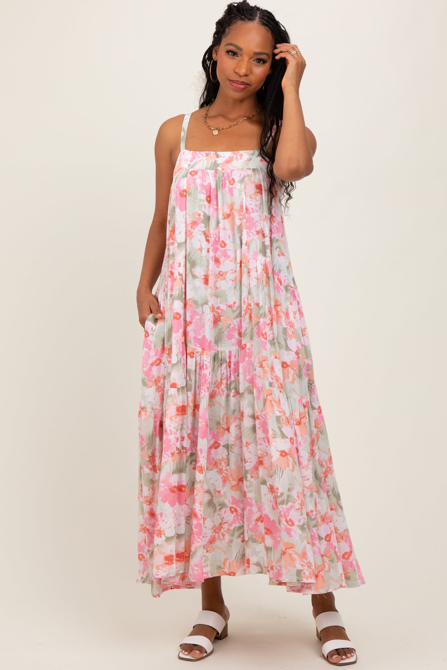 Olive/Fuchsia Tropical Floral Tiered Maternity Maxi Dress