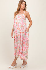 Olive/Fuchsia Tropical Floral Tiered Maternity Maxi Dress