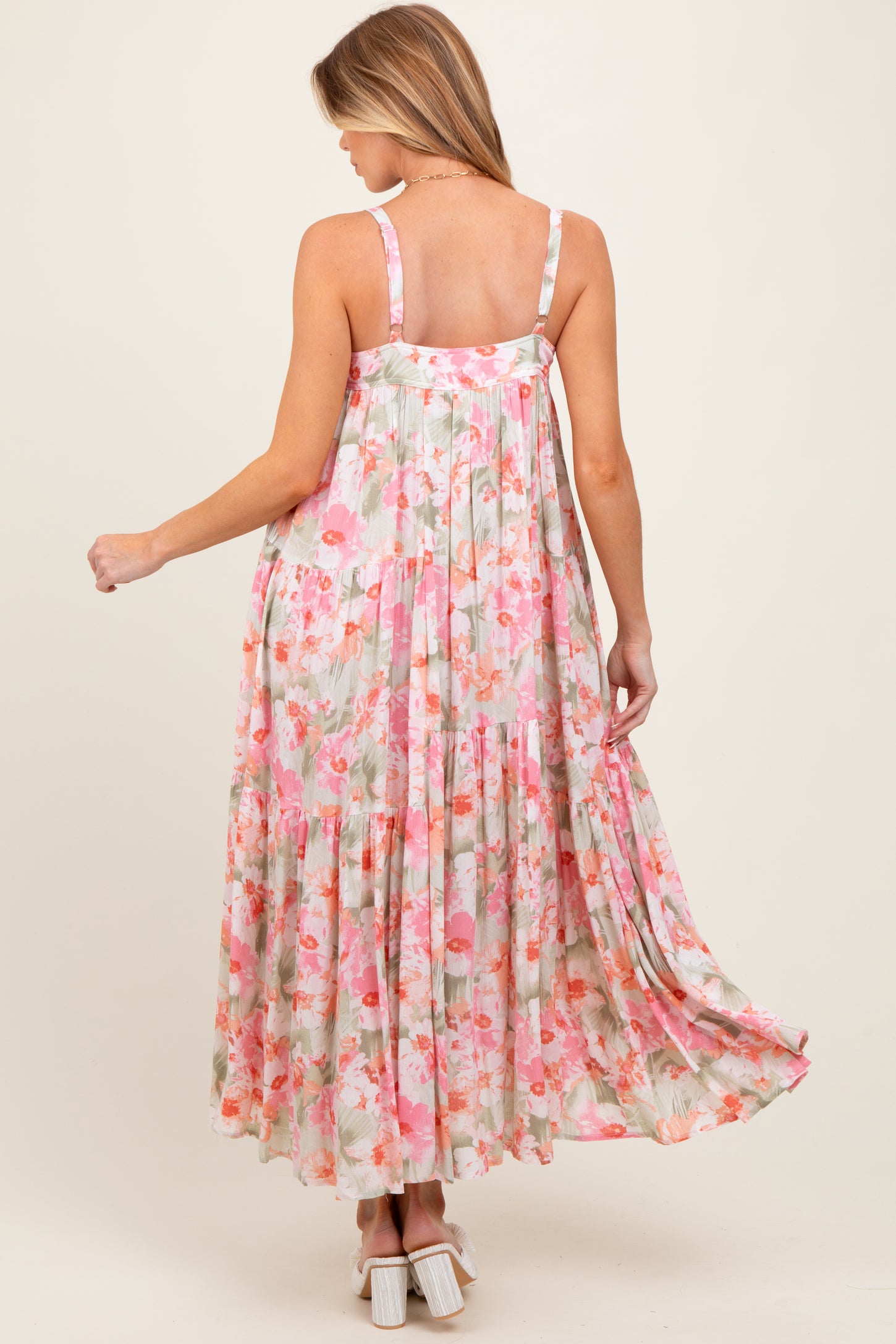 Olive/Fuchsia Tropical Floral Tiered Maternity Maxi Dress