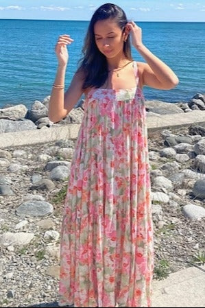 Olive/Fuchsia Tropical Floral Tiered Maxi Dress