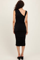 Black Asymmetrical Neckline Ruched Midi Dress
