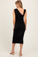 Black Asymmetrical Neckline Ruched Maternity Midi Dress