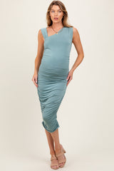 Light Olive Asymmetrical Neckline Ruched Maternity Midi Dress