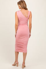 Pink Asymmetrical Neckline Ruched Maternity Midi Dress