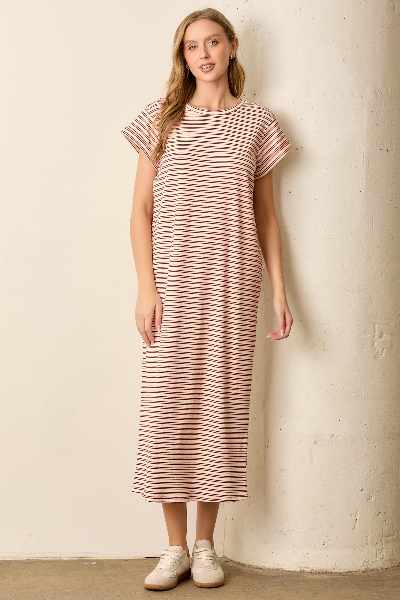 Red Striped Maternity Midi T-Shirt Dress PinkBlush Red Striped Maternity Midi T-Shirt Dress PinkBlush