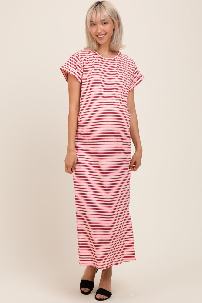 Red Striped Maternity Midi T-Shirt Dress
