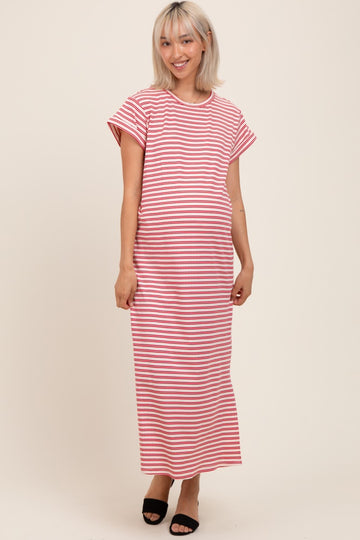 Red Striped Maternity Midi T-Shirt Dress