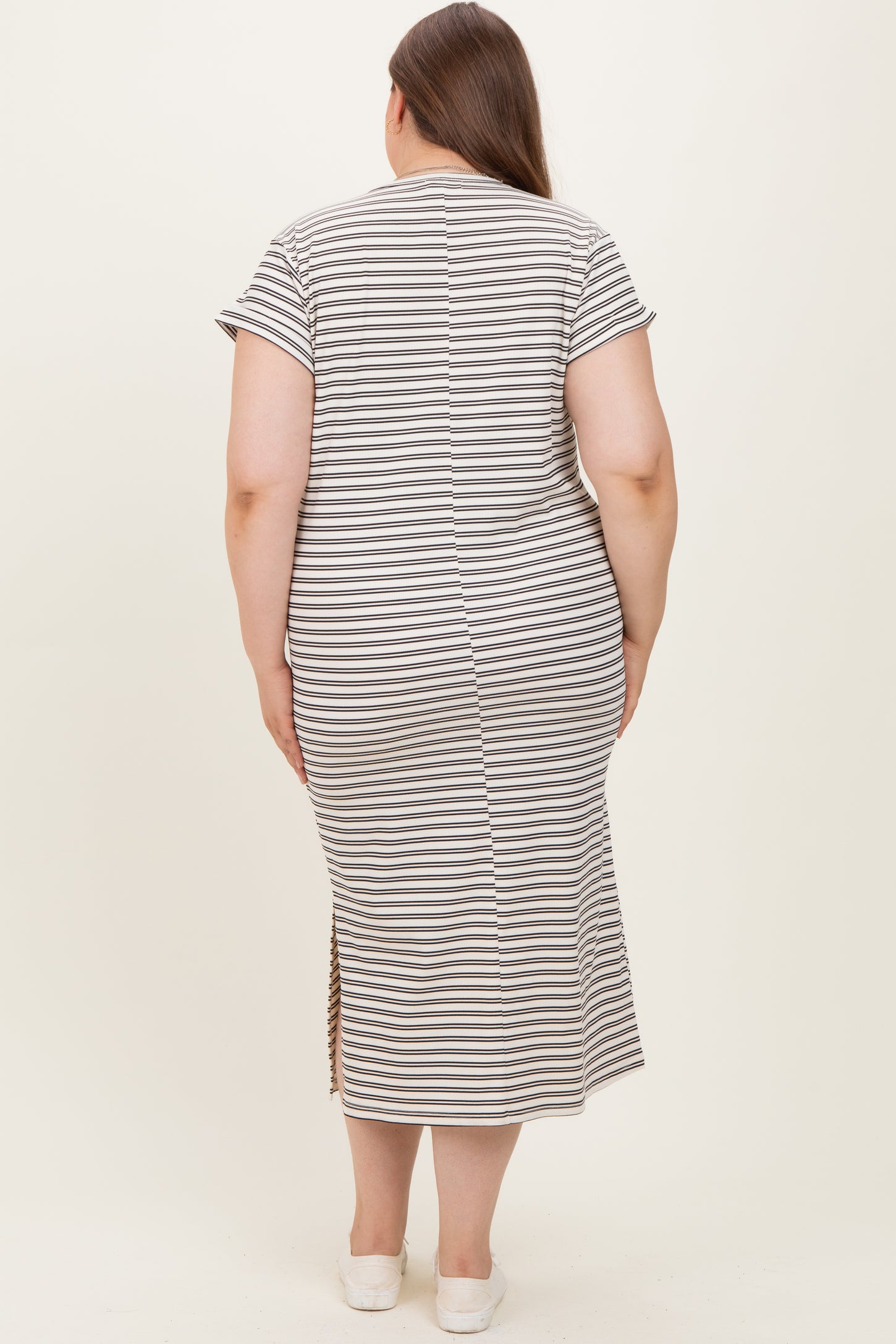 Black Striped Maternity Plus Midi T-Shirt Dress