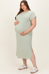 Olive Striped Maternity Plus Midi T-Shirt Dress