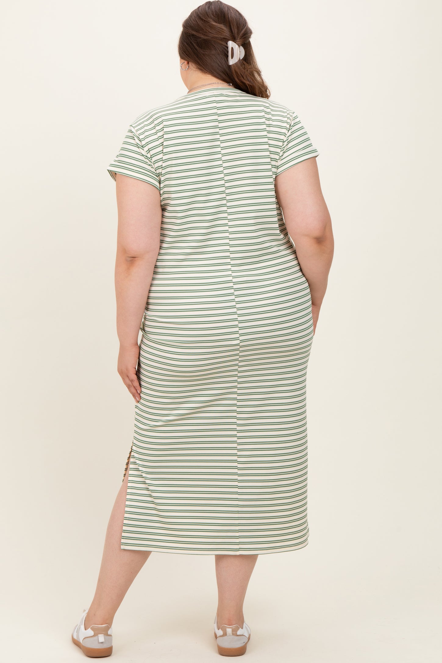 Olive Striped Maternity Plus Midi T-Shirt Dress
