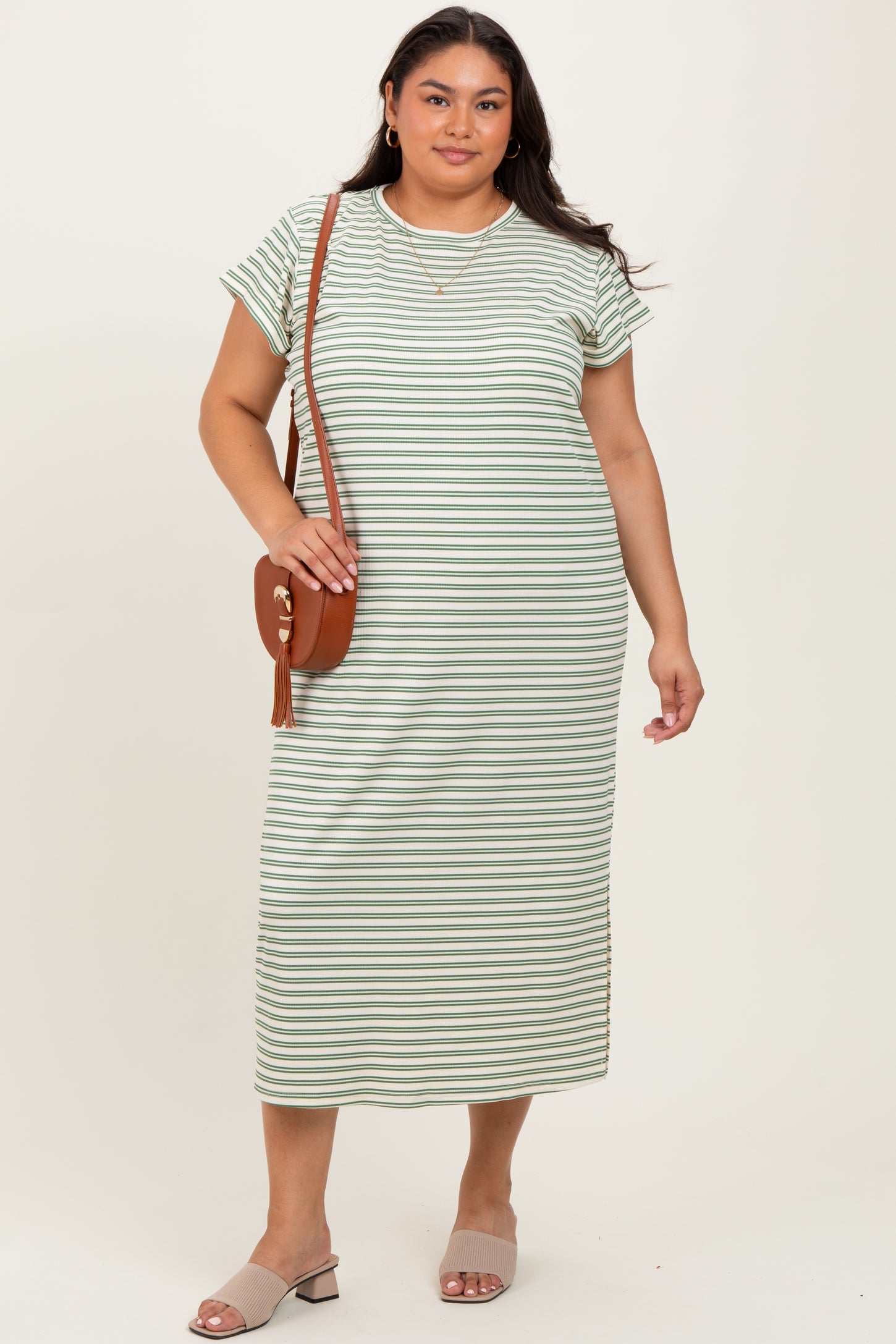 Olive Striped Maternity Plus Midi T-Shirt Dress