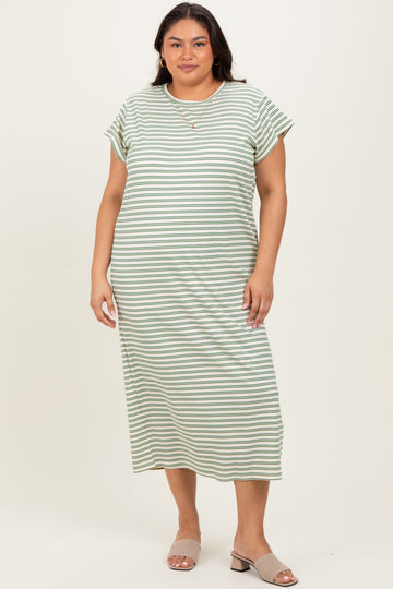 Olive Striped Plus Midi T-Shirt Dress
