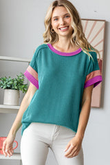 Teal Ribbed Colorblock Detail Short Sleeve Top