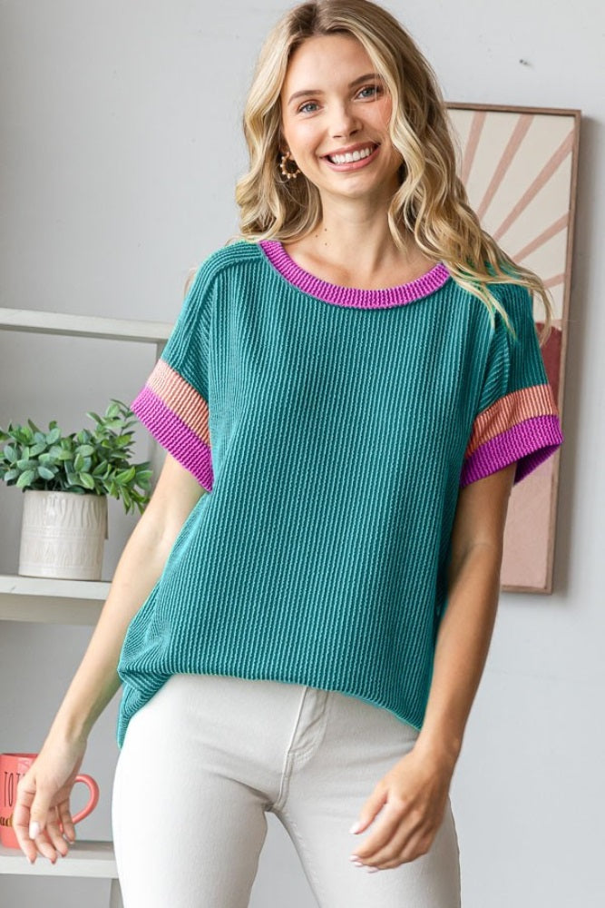 Teal Ribbed Colorblock Detail Maternity Short Sleeve Top