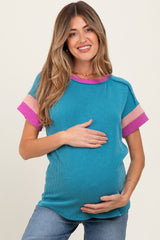 Teal Ribbed Colorblock Detail Maternity Short Sleeve Top