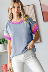 Blue Ribbed Colorblock Detail Short Sleeve Top
