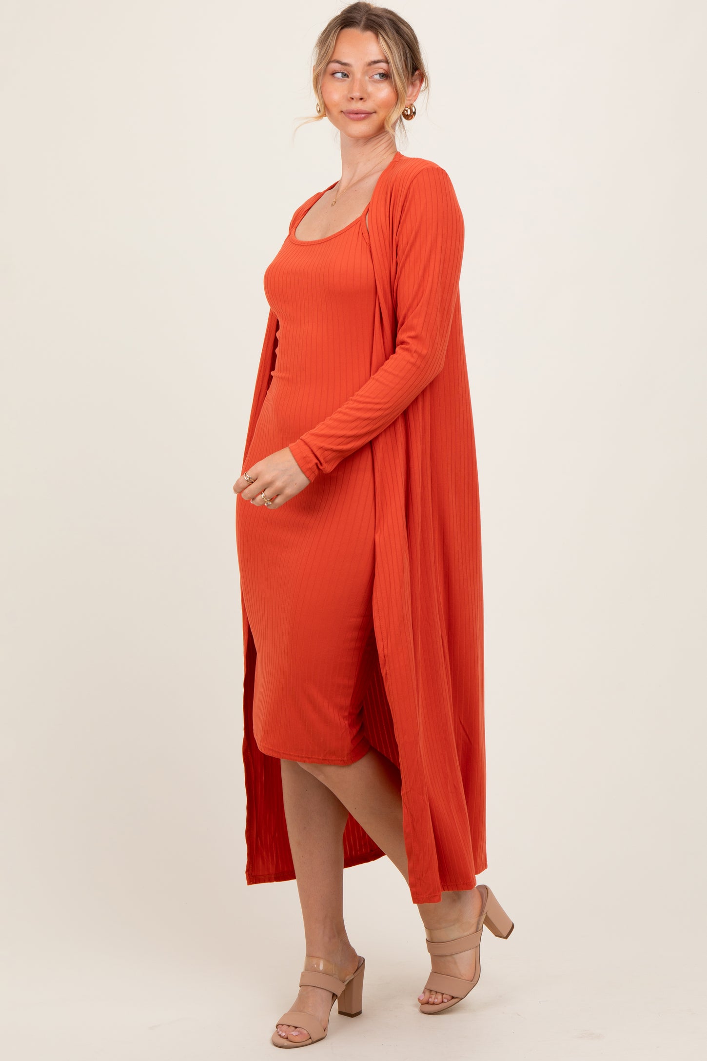 Orange Ribbed Cardigan 2 Piece Set