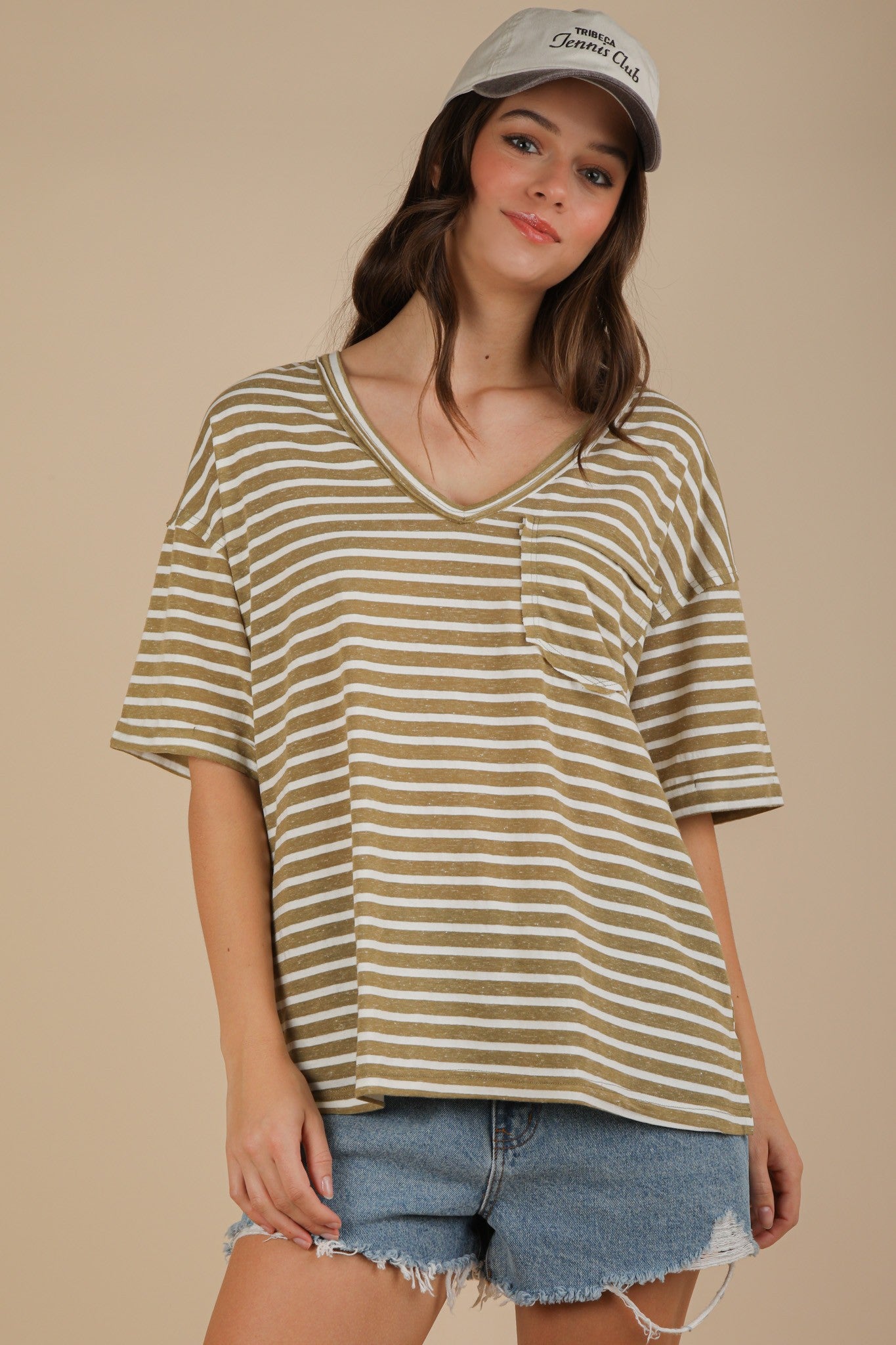 Olive Striped Oversized V-Neck Front Pocket Maternity T-Shirt