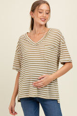 Olive Striped Oversized V-Neck Front Pocket Maternity T-Shirt