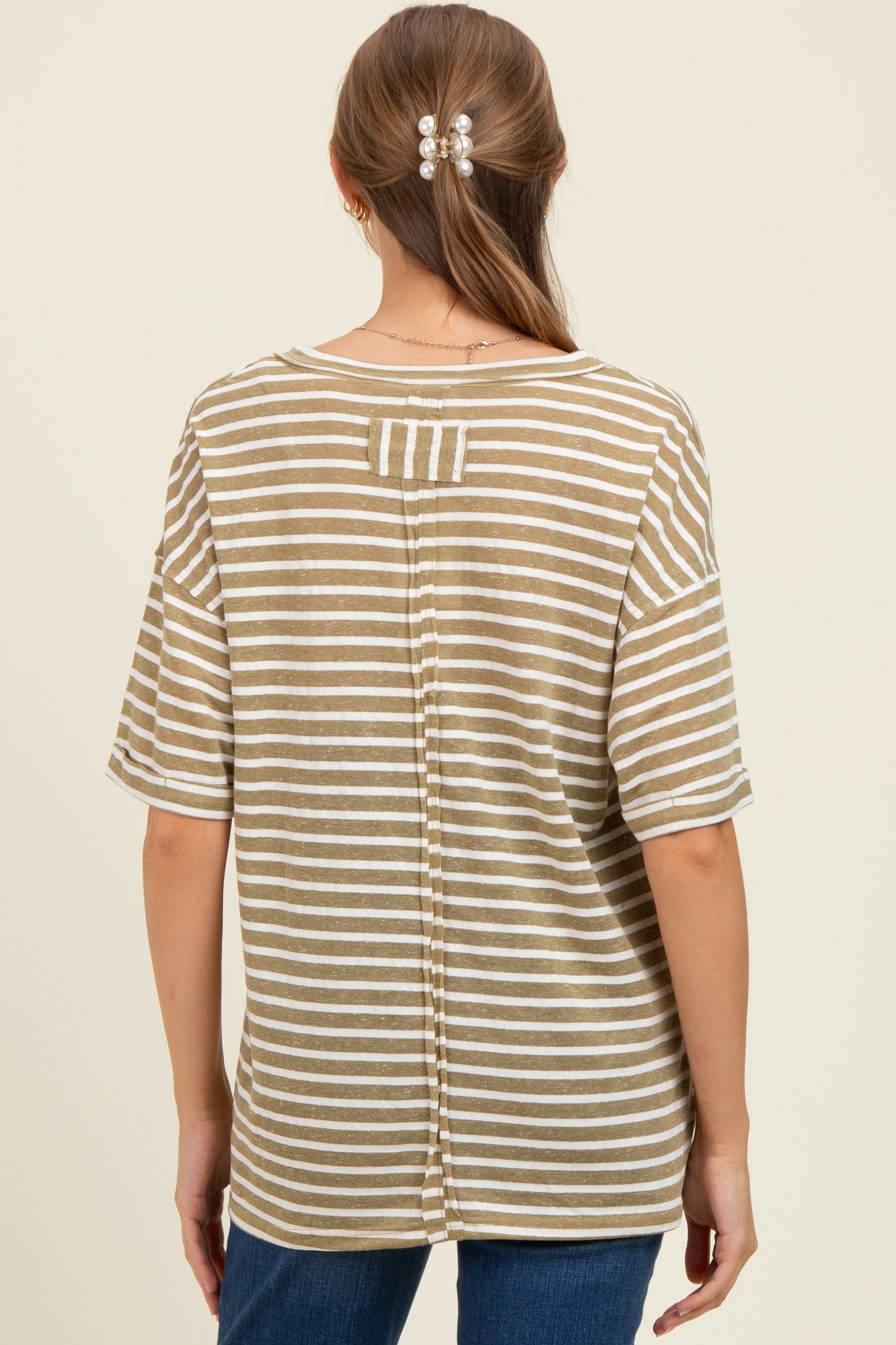Olive Striped Oversized V-Neck Front Pocket Maternity T-Shirt