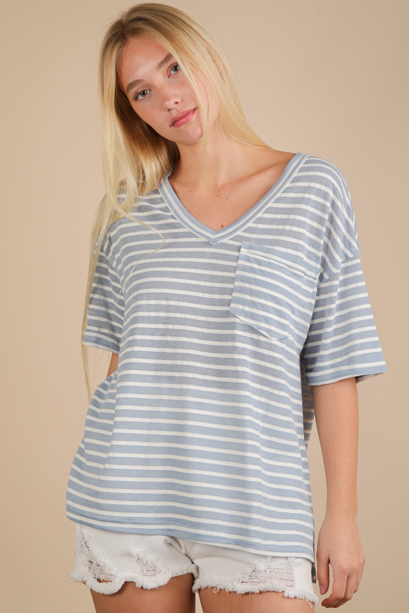 Blue Striped Oversized V-Neck Front Pocket Maternity T-Shirt