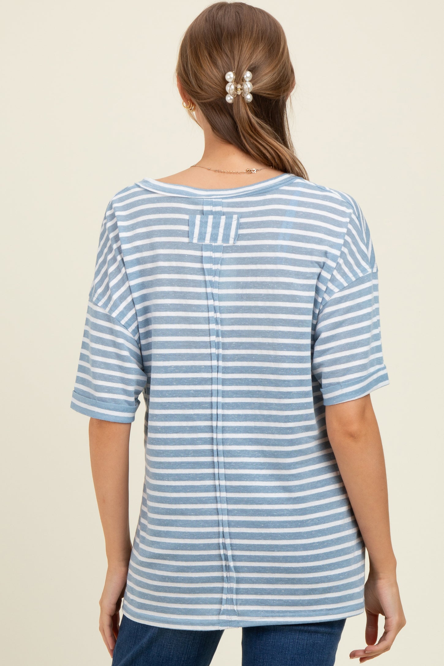 Blue Striped Oversized V-Neck Front Pocket Maternity T-Shirt