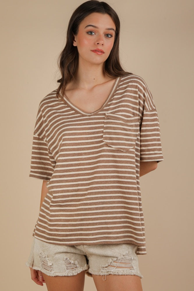 Mocha Striped Oversized V-Neck Front Pocket T-Shirt