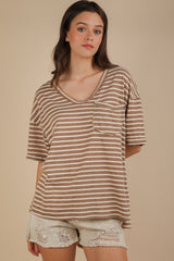 Mocha Striped Oversized V-Neck Front Pocket T-Shirt
