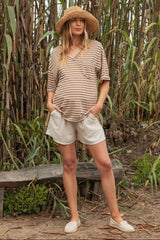 Mocha Striped Oversized V-Neck Front Pocket Maternity T-Shirt