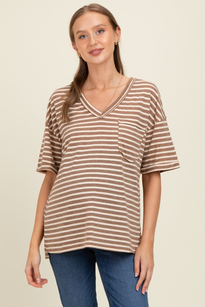 Mocha Striped Oversized V-Neck Front Pocket Maternity T-Shirt