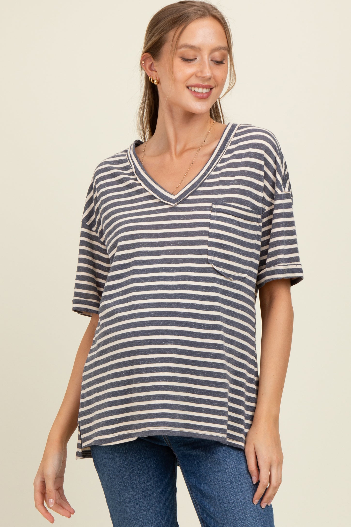 Navy Striped Oversized V-Neck Front Pocket Maternity T-Shirt