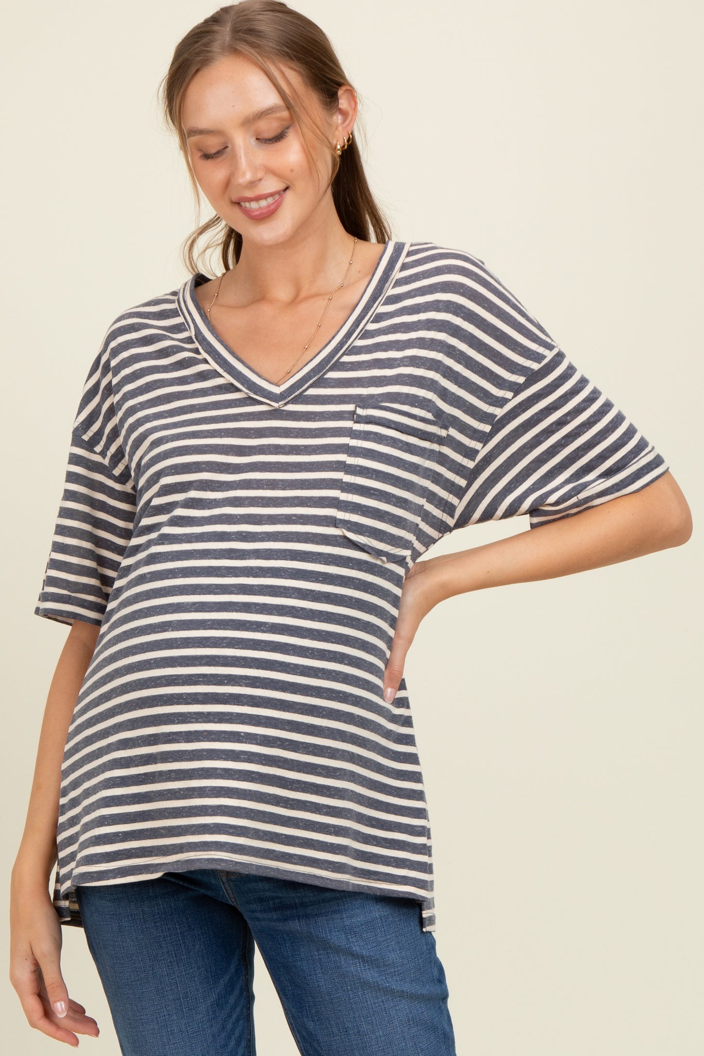 Navy Striped Oversized V-Neck Front Pocket Maternity T-Shirt
