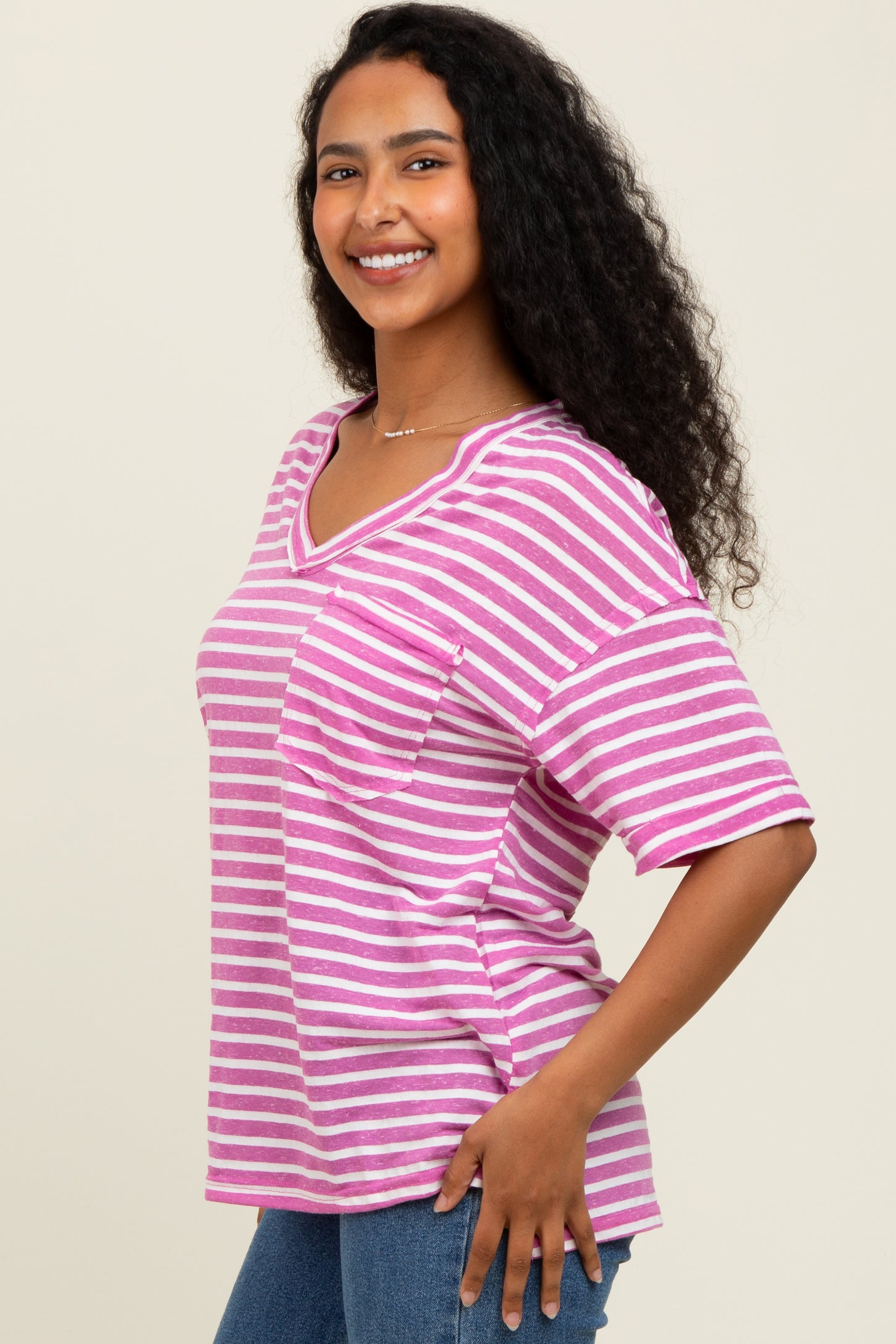 Mauve Striped Oversized V-Neck Front Pocket T-Shirt