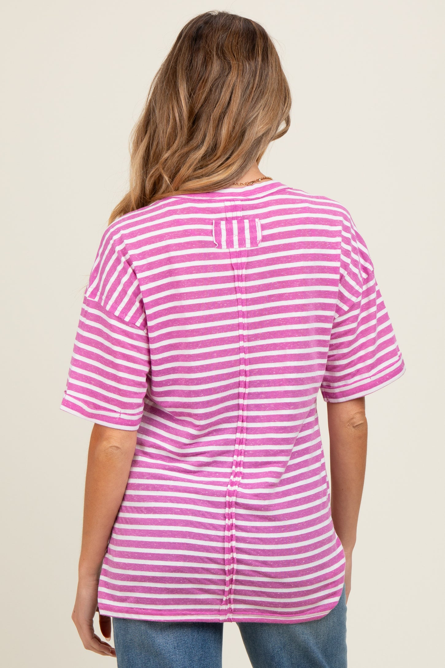 Mauve Striped Oversized V-Neck Front Pocket Maternity T-Shirt