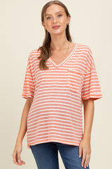 Peach Striped Oversized V-Neck Front Pocket Maternity T-Shirt