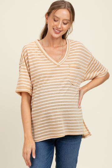 Beige Striped Oversized V-Neck Front Pocket Maternity T-Shirt