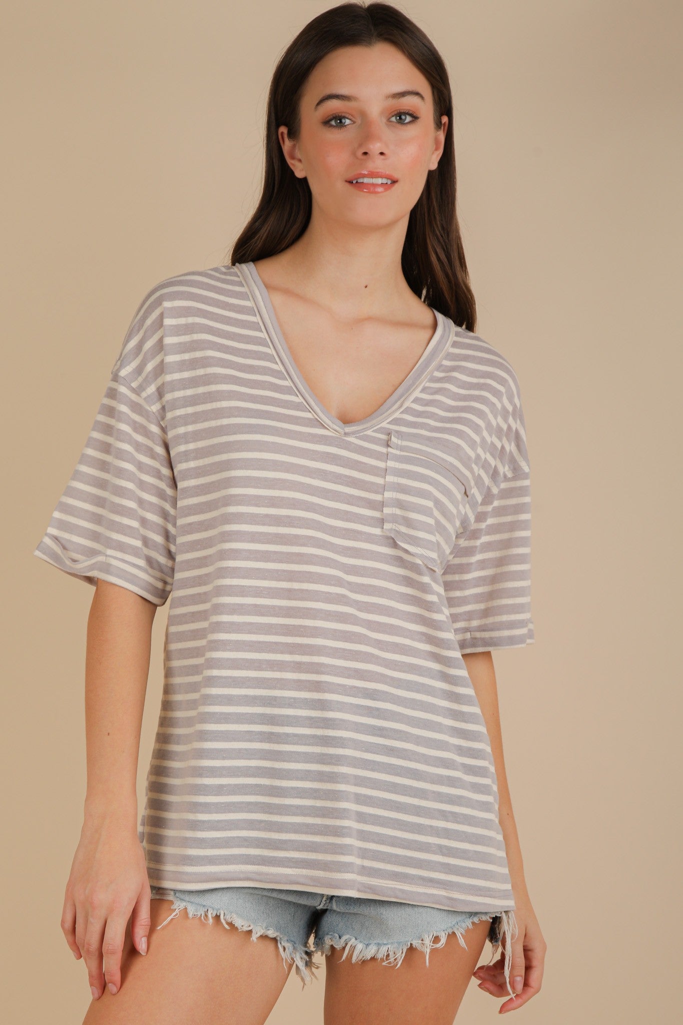 Grey Striped Oversized V-Neck Front Pocket Maternity T-Shirt