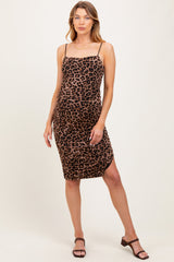 Mocha Animal Print Ruched Maternity Midi Dress