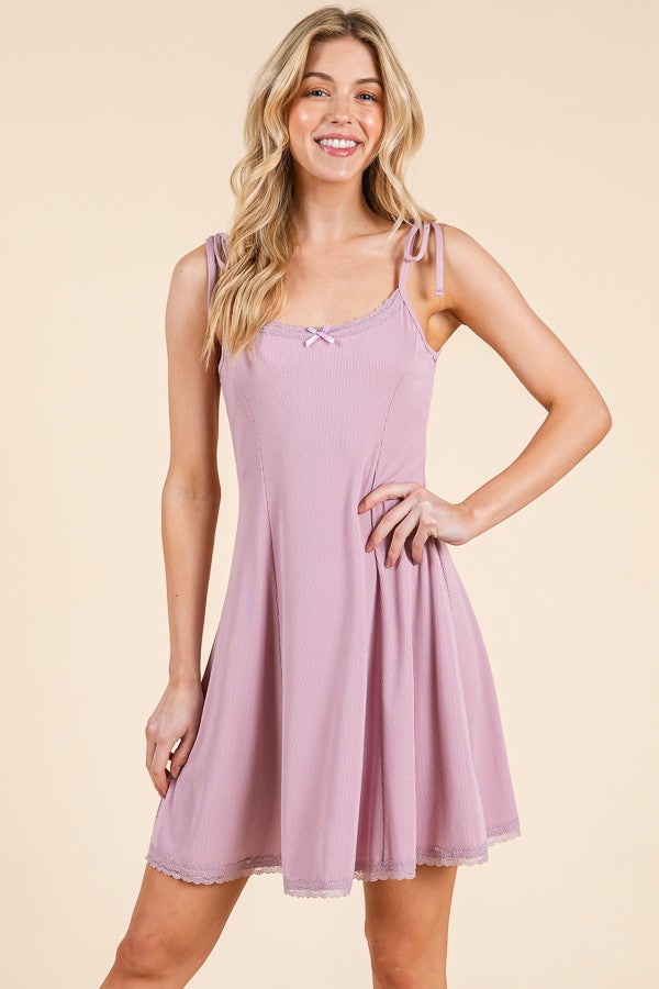 Mauve Shoulder Tie Lace Trim Maternity Mini Dress