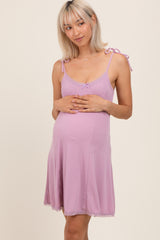 Mauve Shoulder Tie Lace Trim Maternity Mini Dress