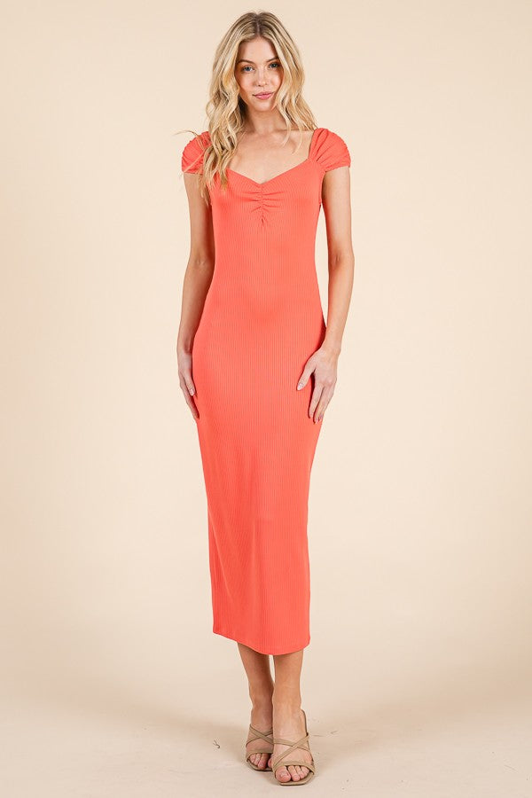 Coral Ribbed Cinched Sleeve Midi Dress